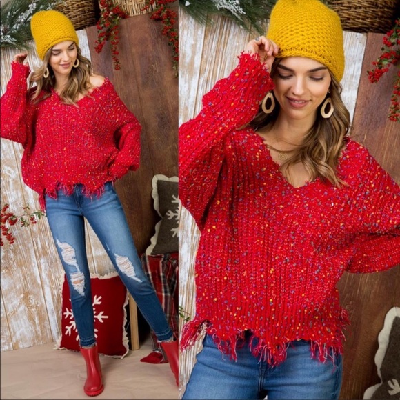 Red V-Neck Distressed Sweater - Picture 2 of 7